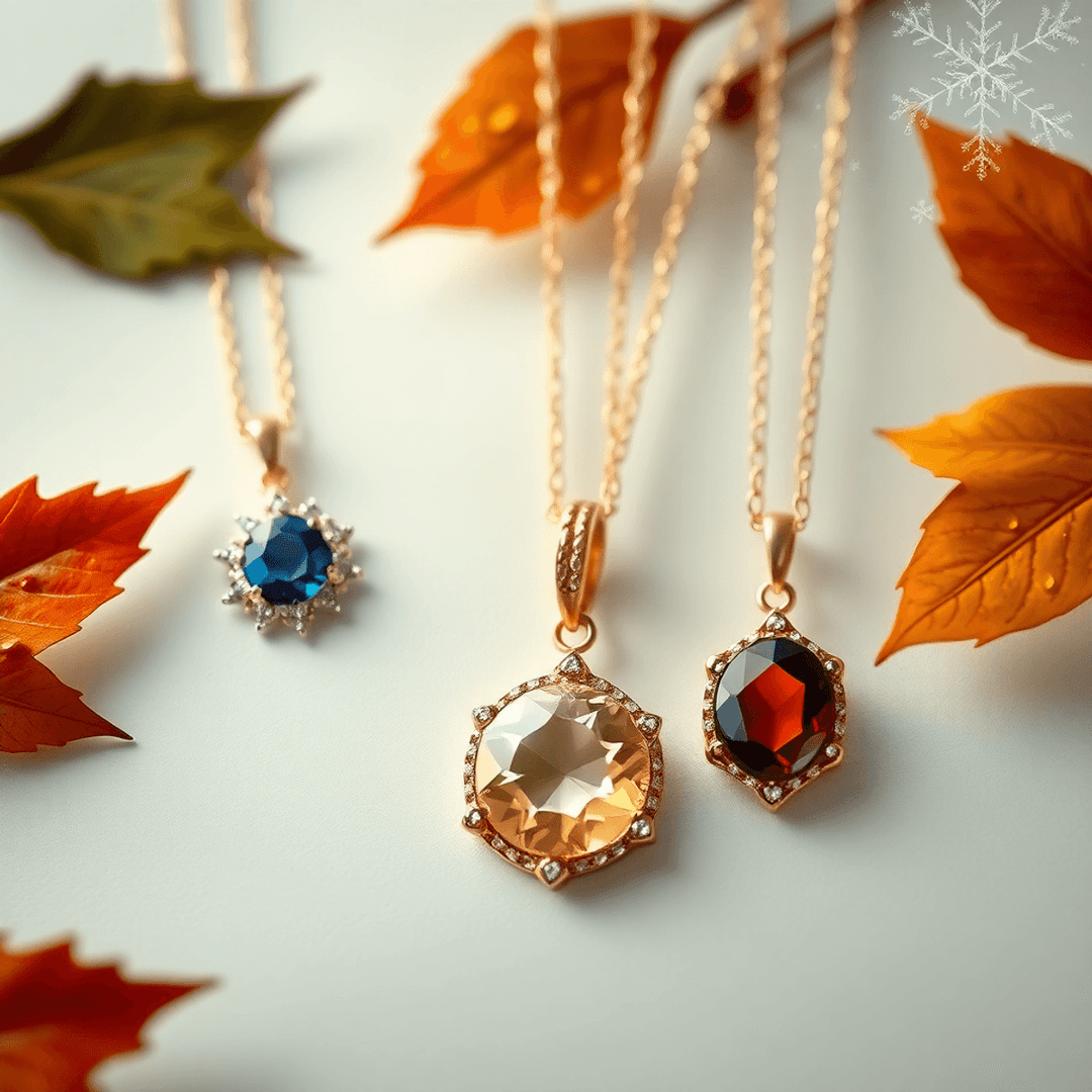 Close-up of elegant gold necklaces and gemstone pendants displayed with autumn leaves and delicate snowflakes on a soft background.