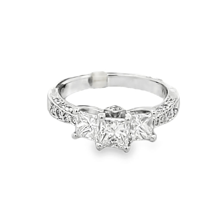 14K White Gold Princess and Round Cut Diamond Three-Stone Engagement Ring 1.19ctw