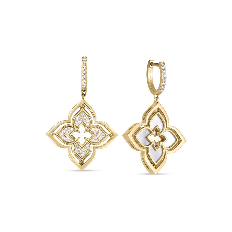 18K Yellow Gold Pavé Diamond Mother of Pearl Drop Huggie Earrings