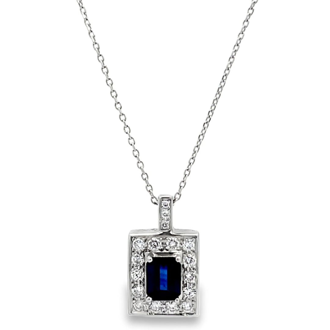 18K White Gold Blue Sapphire Diamond Halo Pendant