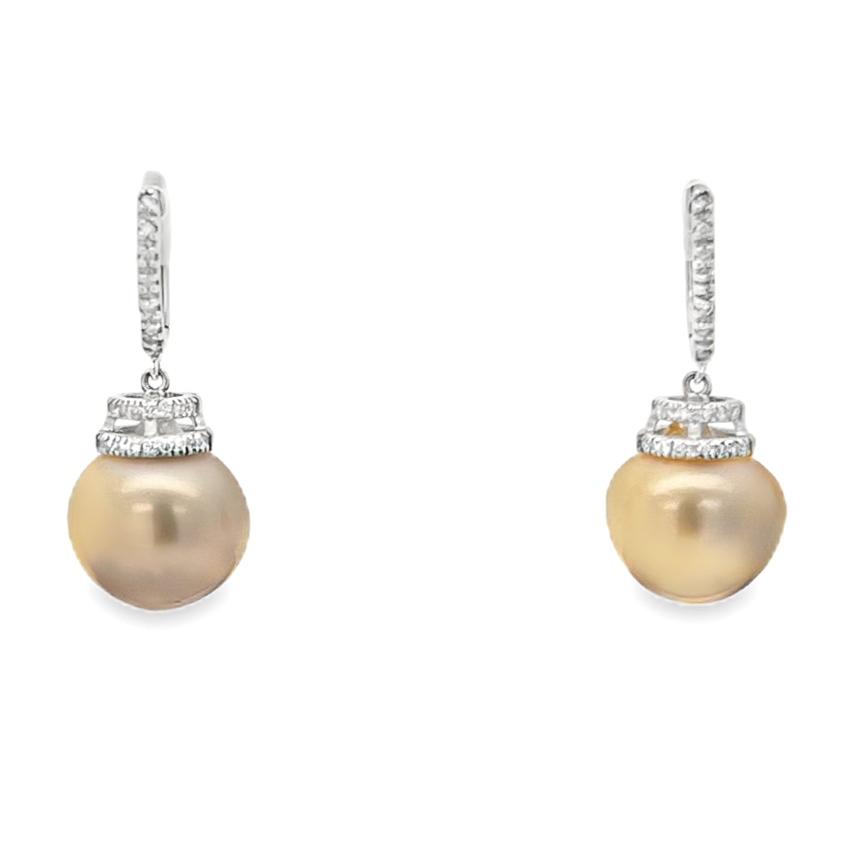 14K White Gold Round Cut Diamond and Yellow Pearl Dangle Earrings 0.33ctw