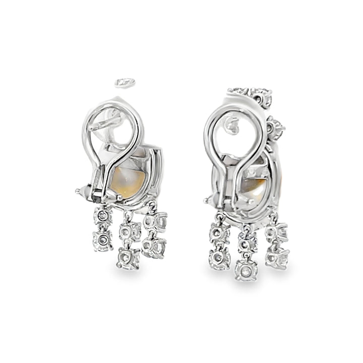 14K White Gold Round Cut Diamond and Freshwater Pearl Dangle Earrings