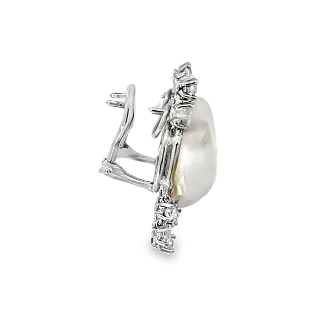 14K White Gold Round Cut Diamond and Freshwater Pearl Dangle Earrings