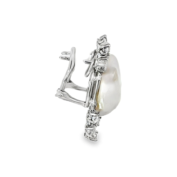 14K White Gold Round Cut Diamond and Freshwater Pearl Dangle Earrings