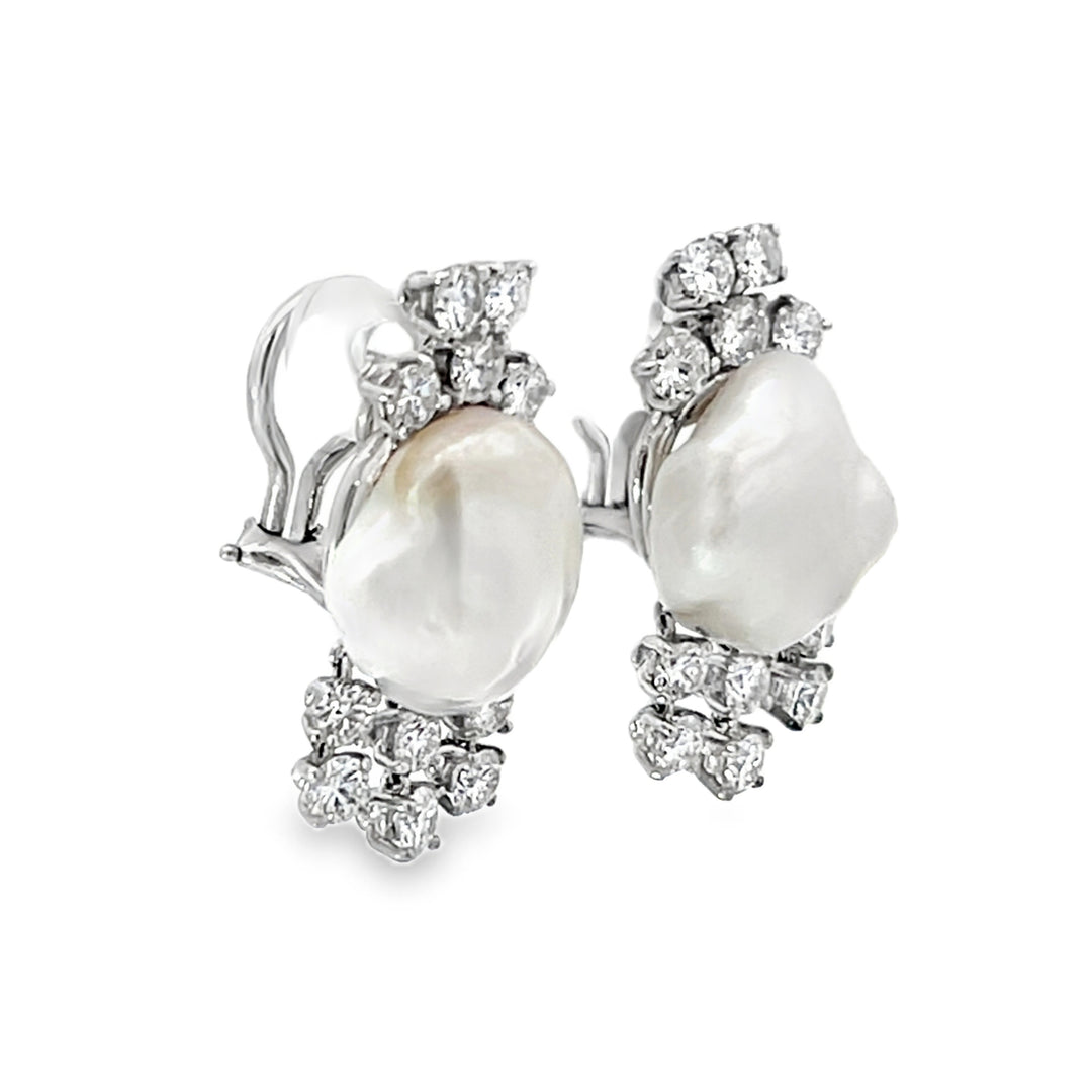 14K White Gold Round Cut Diamond and Freshwater Pearl Dangle Earrings
