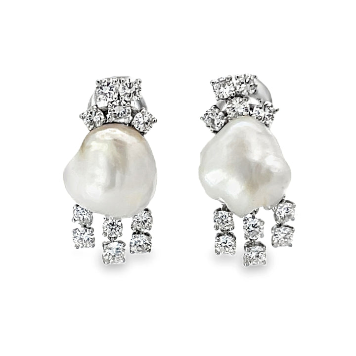 14K White Gold Round Cut Diamond and Freshwater Pearl Dangle Earrings