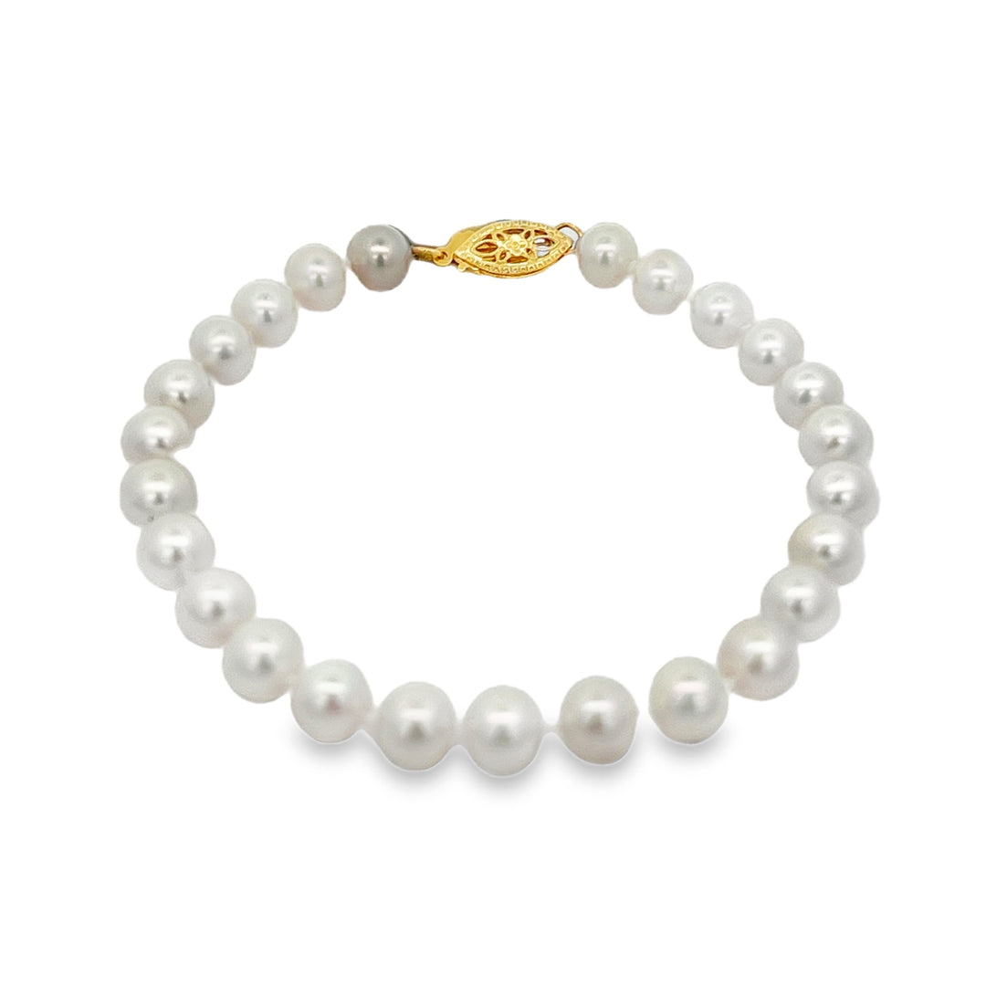 14K Yellow Gold Clasp Akoya Pearl Bracelet 7"
