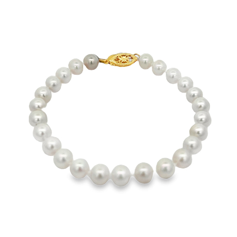 14K Yellow Gold Clasp Akoya Pearl Bracelet 7"