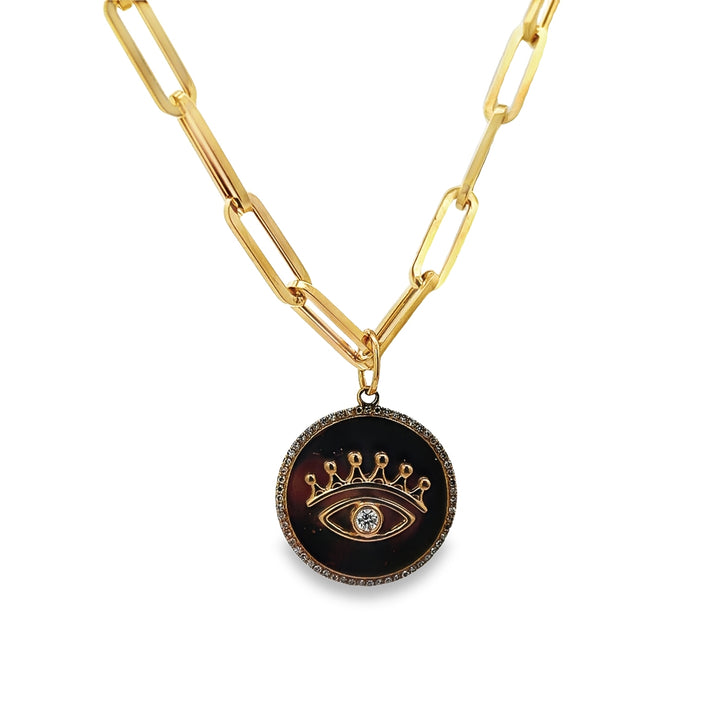 Yellow Gold Paperclip Necklace with Diamond Eye Pendant