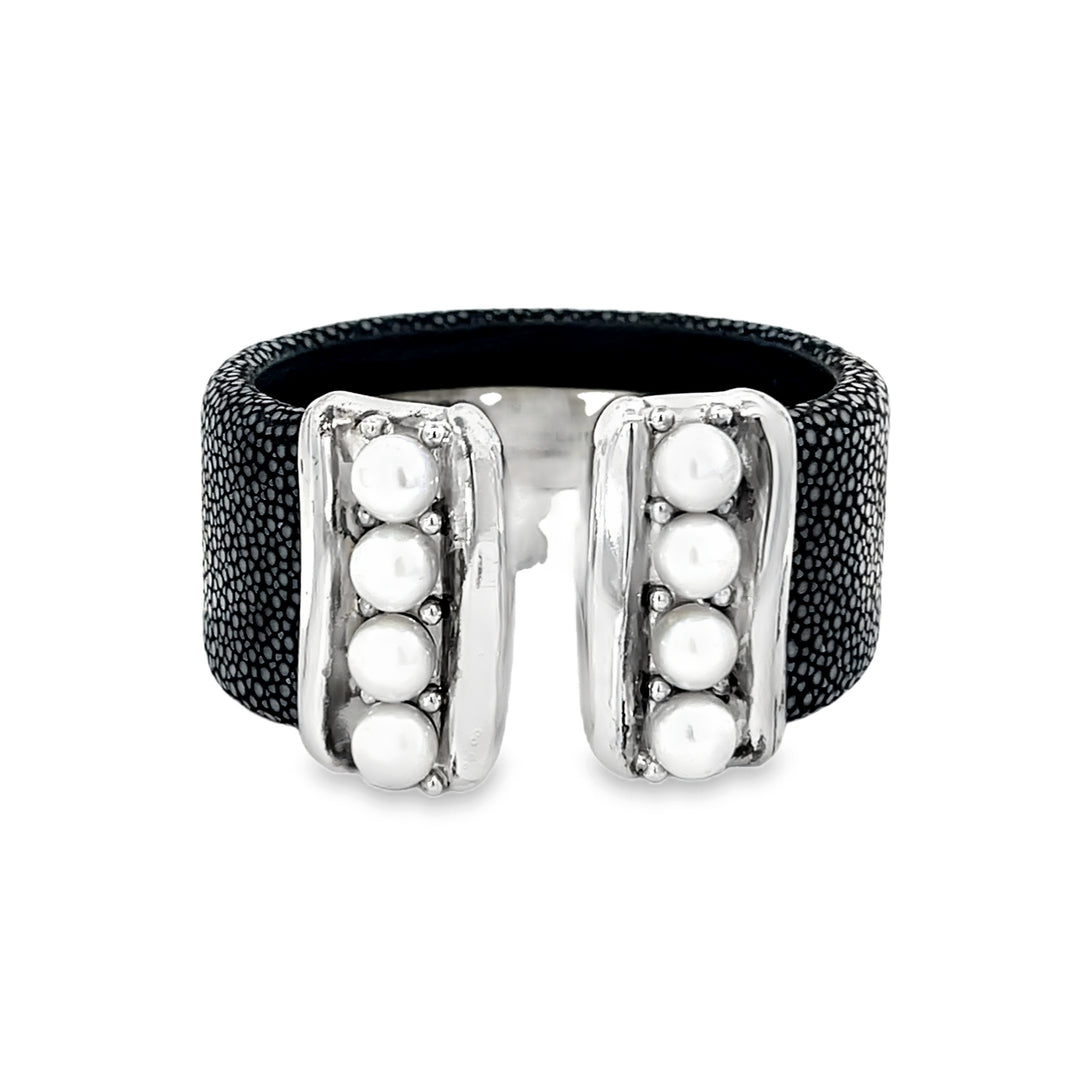 Black Leather Silver Bracelet with Pearls