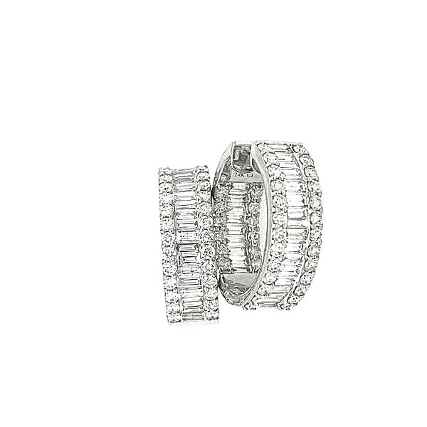 14K White Gold 7.49ctw Baguette and Round Diamond Oval Hoop Earrings