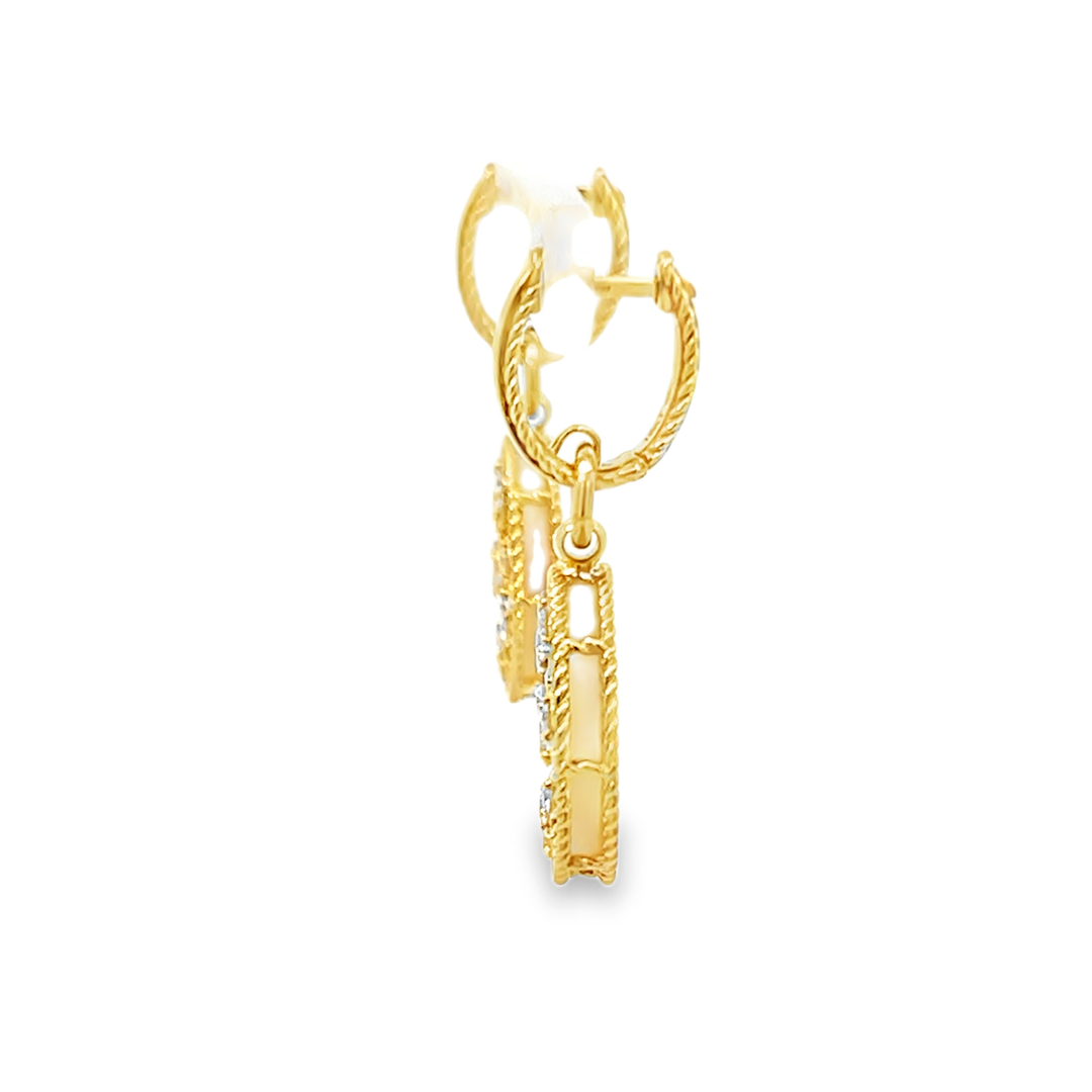 18K Yellow Gold Round Cut Diamond Mother of Pearl Venetian Medallion Earrings