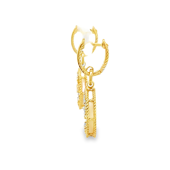 18K Yellow Gold Round Cut Diamond Mother of Pearl Venetian Medallion Earrings