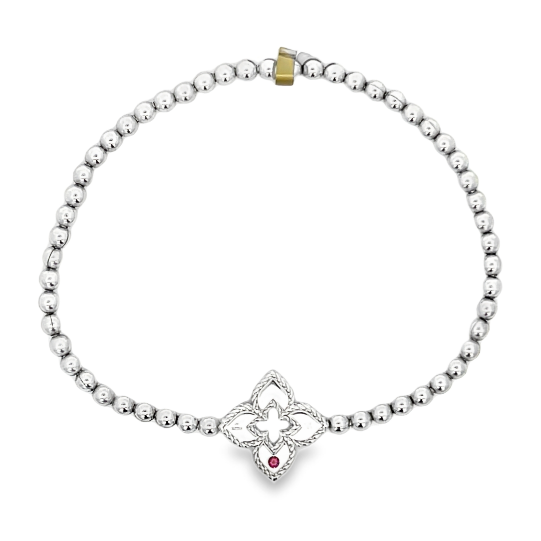 18K White Gold Round Cut Diamond Small Venetian Beaded Bracelet 0.03ctw