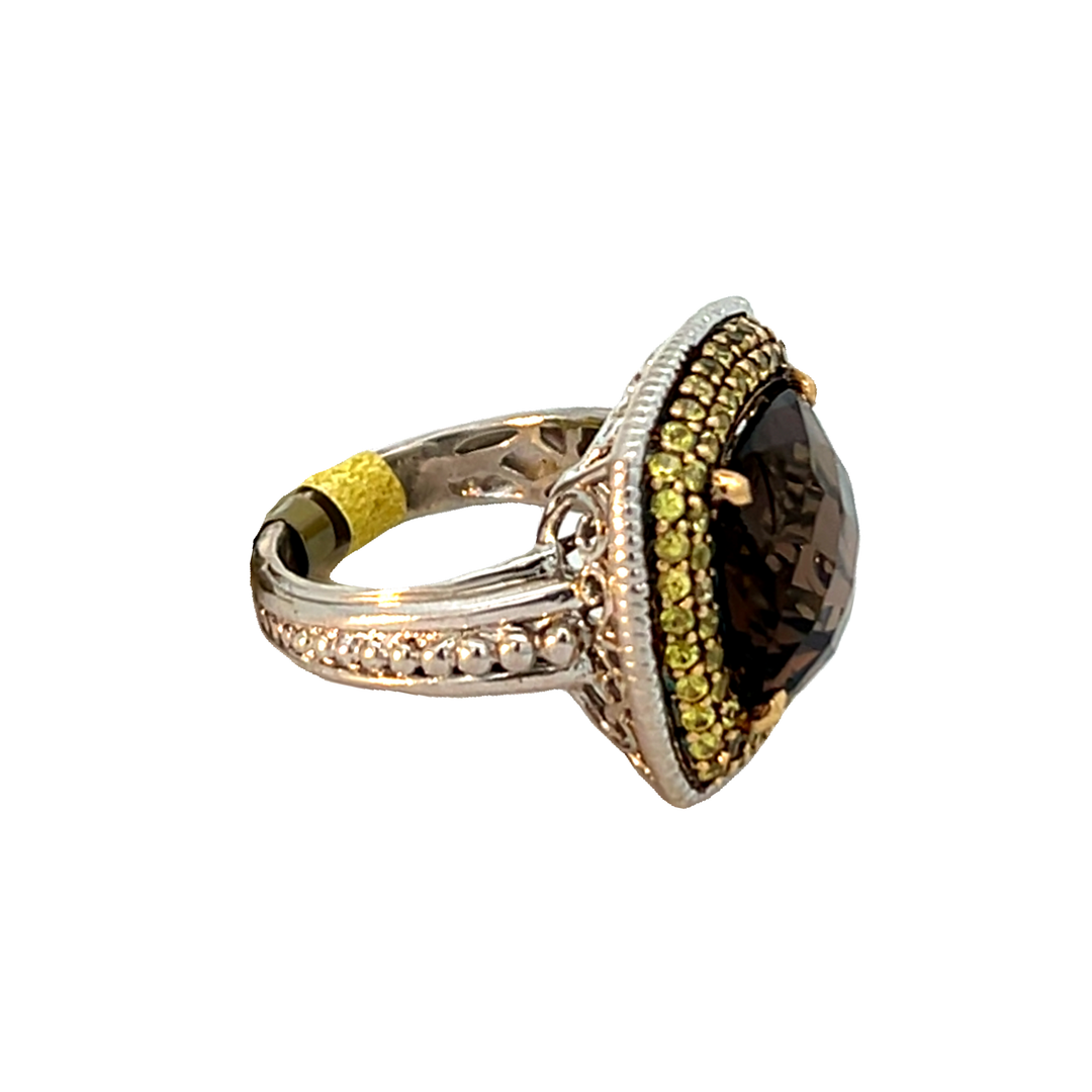 Silver Smoky Quartz And Yellow Sapphire Ring