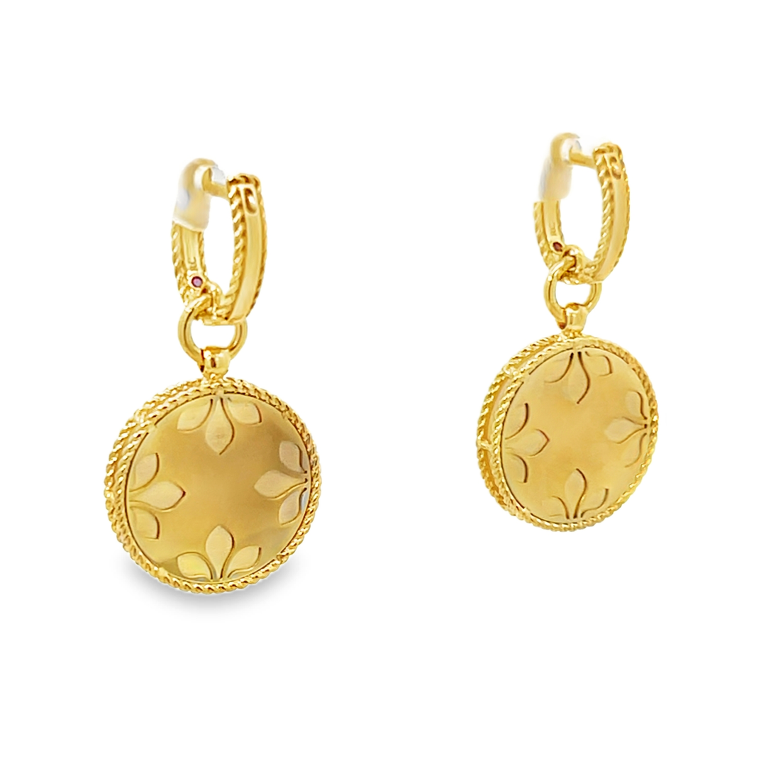 18K Yellow Gold Round Cut Diamond Mother of Pearl Venetian Medallion Earrings