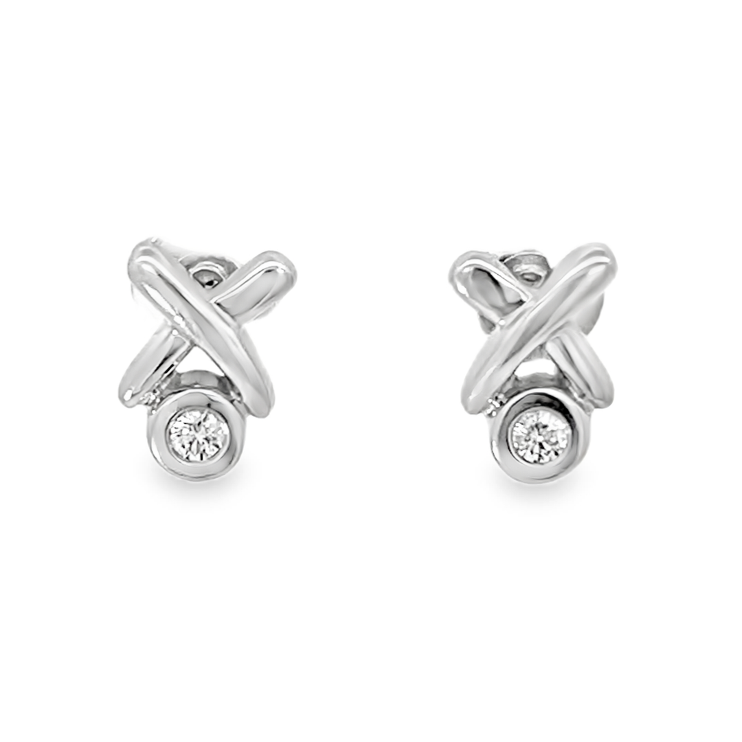 14K White Gold Round Cut Diamond "X" Bezel Earrings 0.20ctw