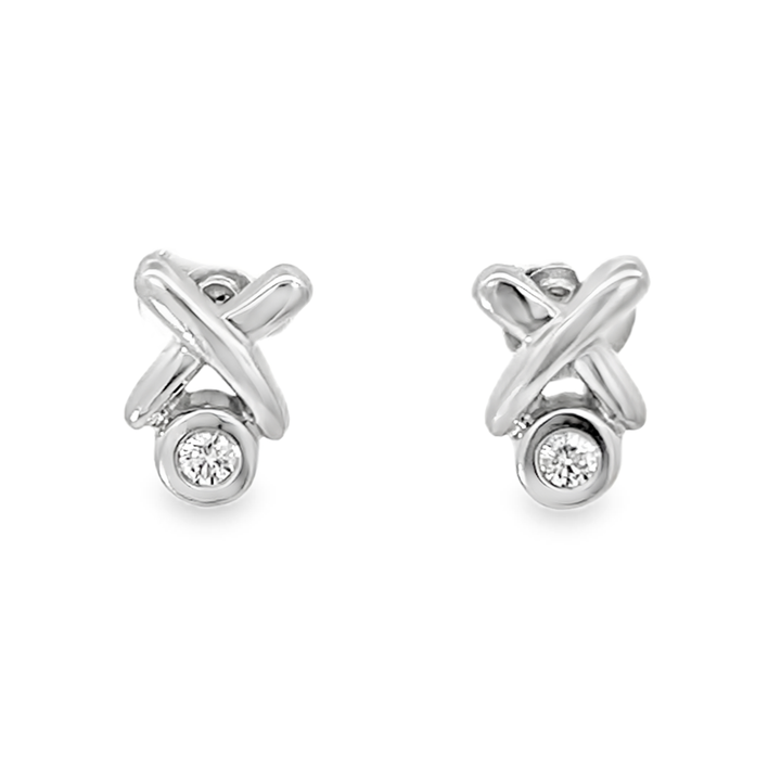 14K White Gold Round Cut Diamond "X" Bezel Earrings 0.20ctw