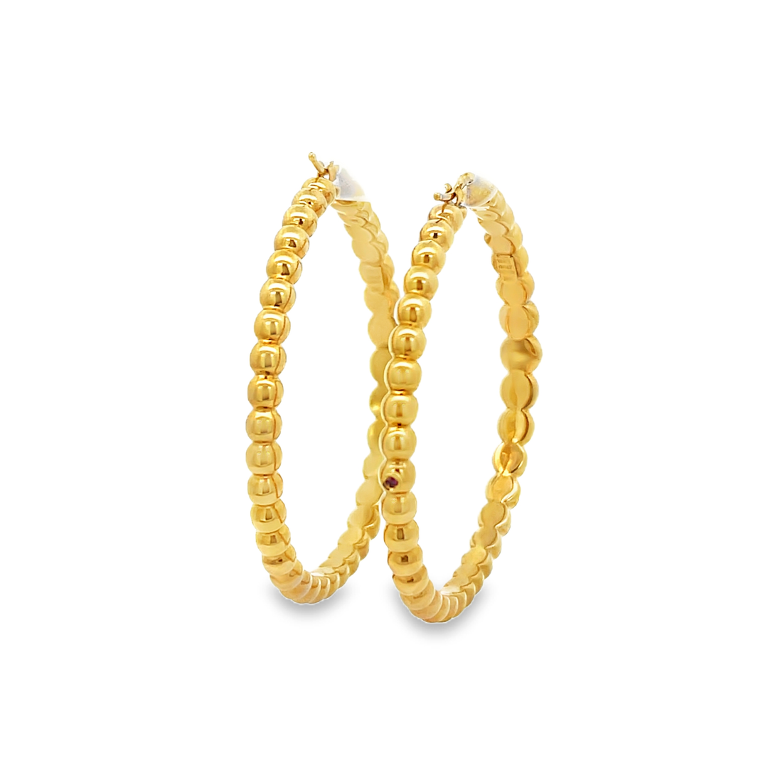 18K Yellow Gold Bead Hoop Earrings 50MM