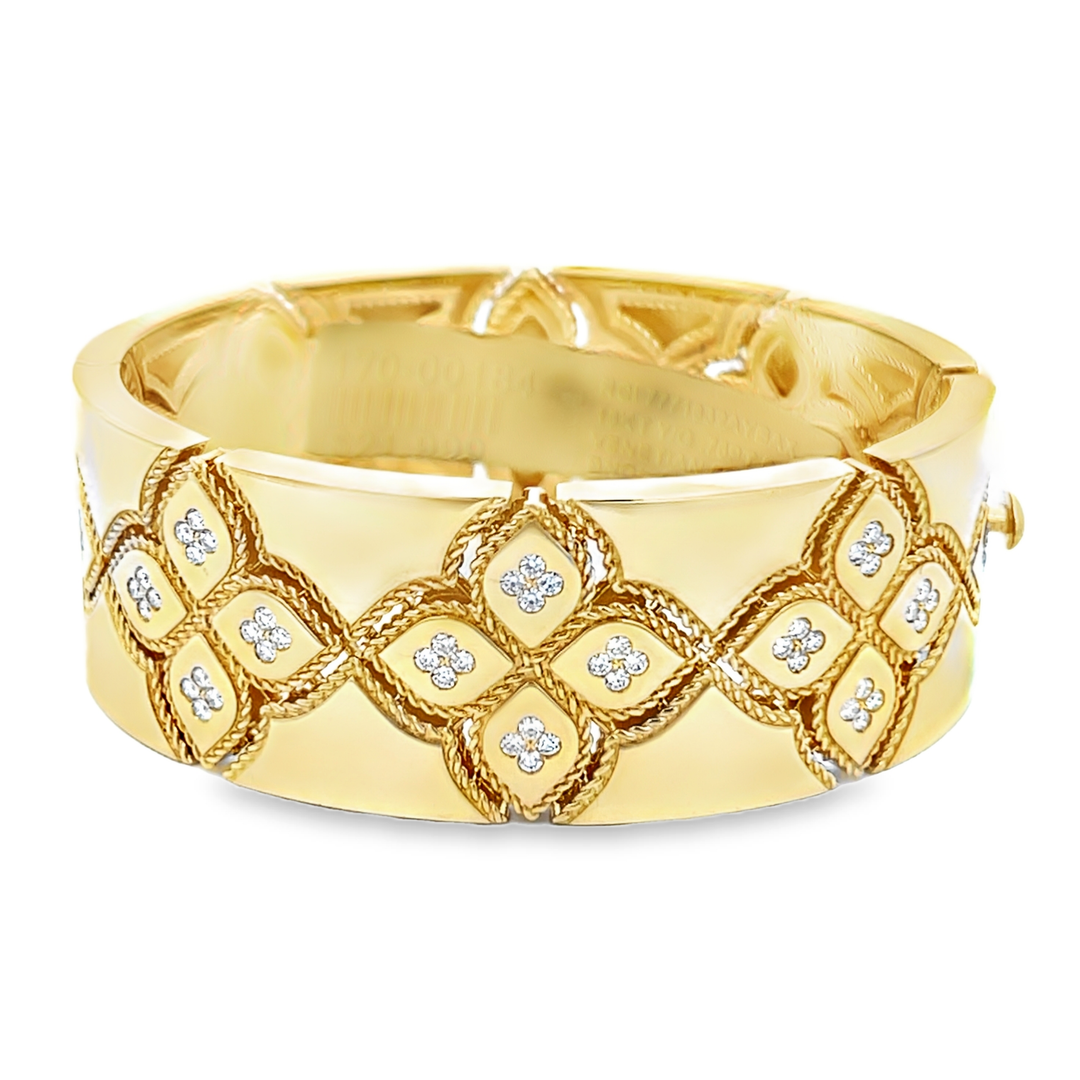 18K Yellow Gold Round Cut Diamond Venetian Princess Bangle Bracelet 0.75ctw 48X58
