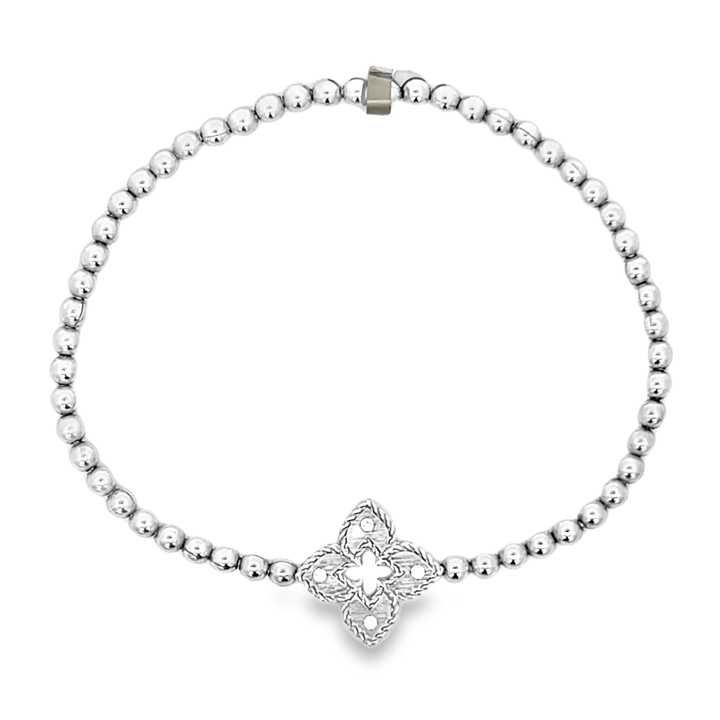 18K White Gold Round Cut Diamond Small Venetian Beaded Bracelet 0.03ctw