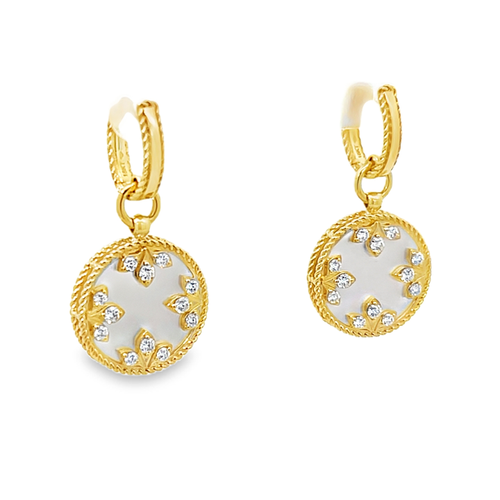18K Yellow Gold Round Cut Diamond Mother of Pearl Venetian Medallion Earrings