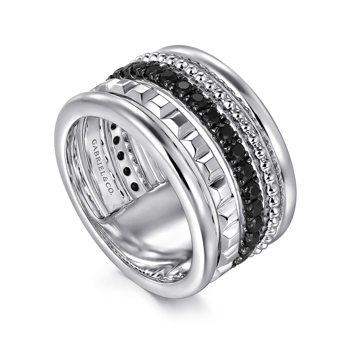 Sterling Silver Black Spinel Pyramid Multi Row Stackable Ring