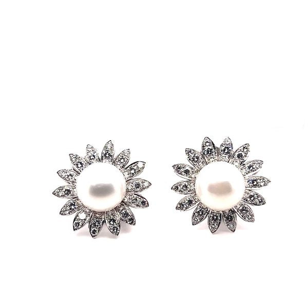 18K White Gold Pearl And Round Cut Diamond Flower Earrings 5.00ctw