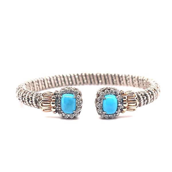 14K Yellow Gold/Sterling Silver Turquoise Round Cut Diamond Half Open Bangle Bracelet 0.18ctw