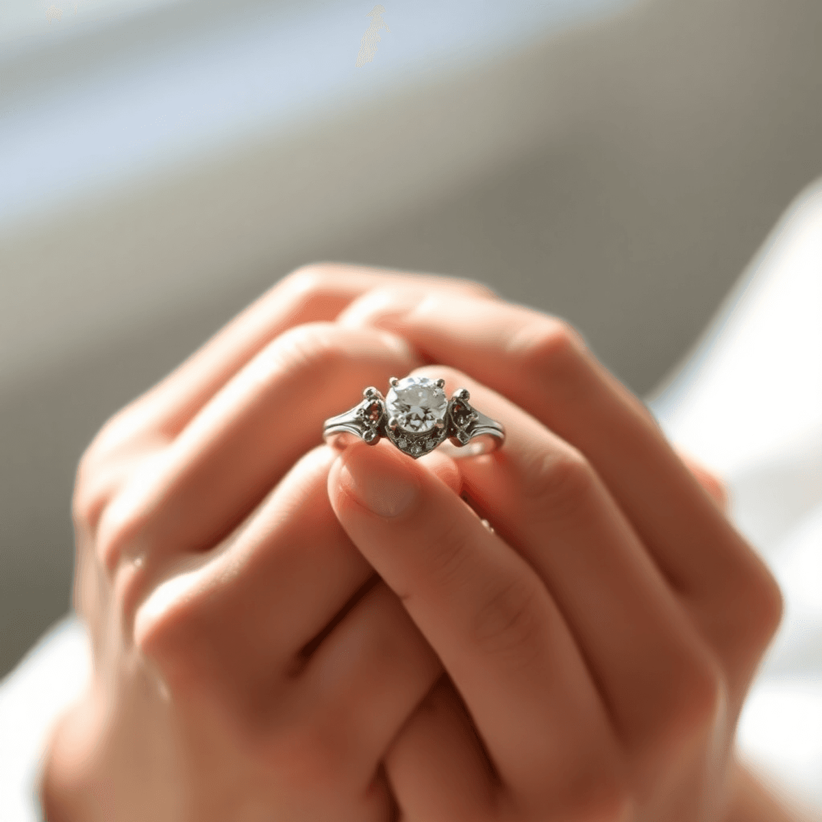 Close-up of a custom ring with intricate metalwork and gemstones held gently in hands, bathed in soft natural light.