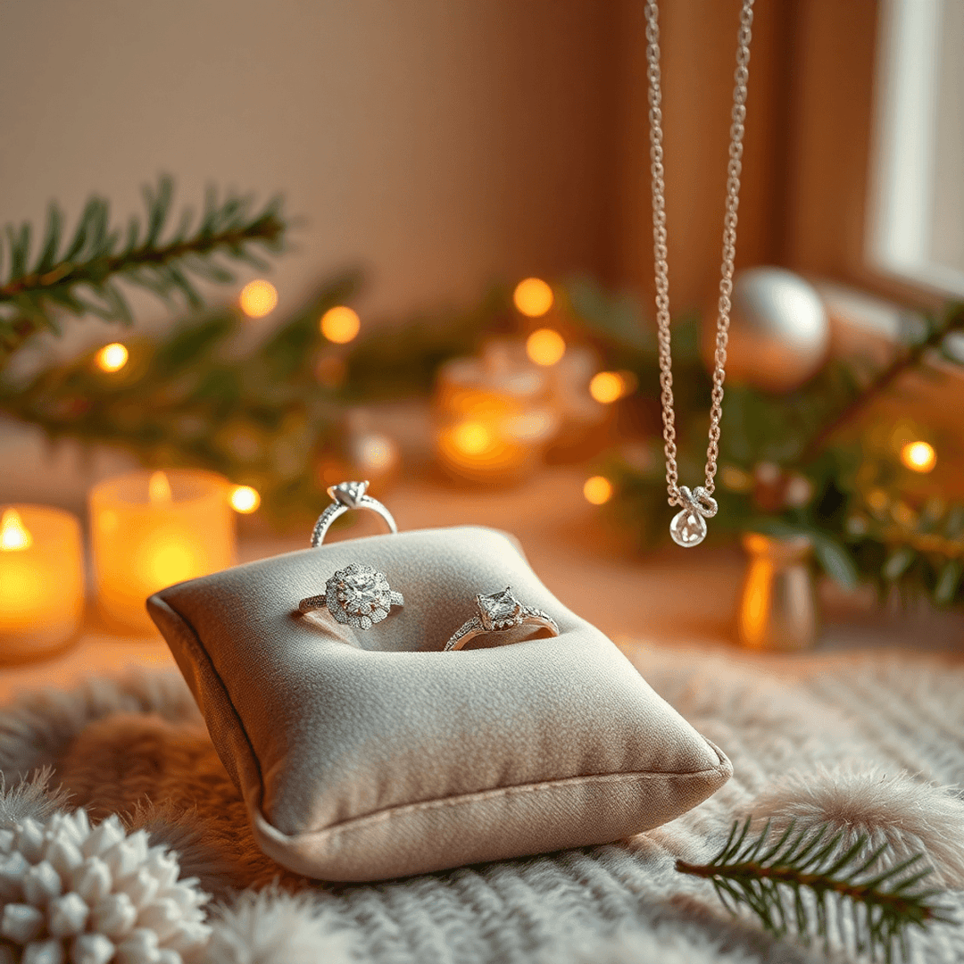 Elegant sparkling jewelry on velvet cushions with glowing lights and evergreen branches, creating a warm, festive, and inviting holiday atmosphere.