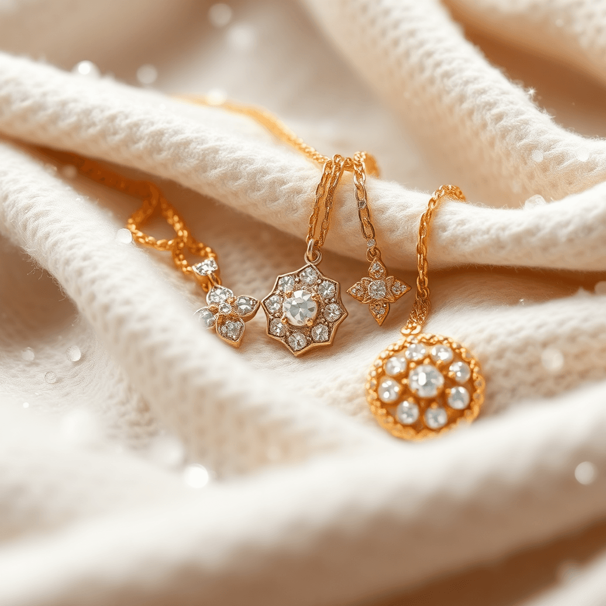 Close-up of elegant gold and silver jewelry on soft warm fabric with subtle snowflakes and frost in the background, evoking warmth and care.