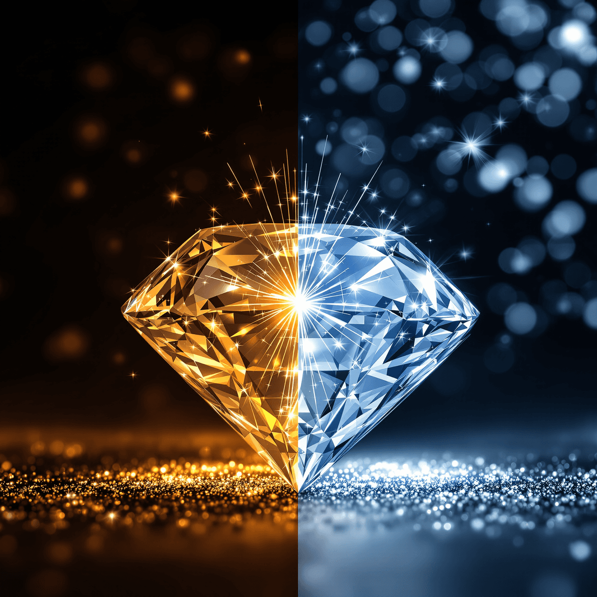 Close-up of a diamond split in two: one half with earthy textures, the other with a sleek lab background, symbolizing natural and lab-grown origins.