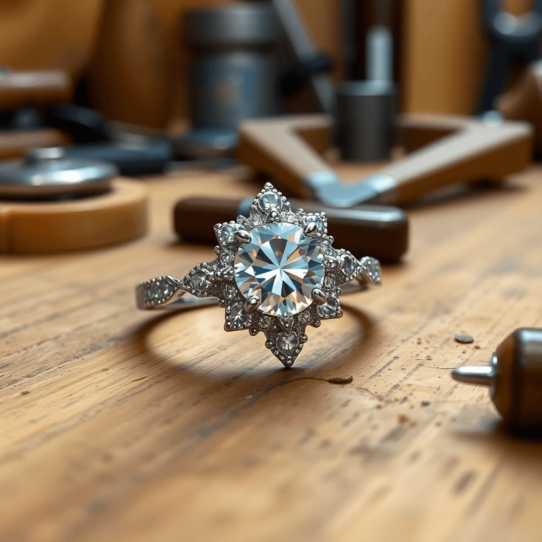 Custom engagement ring with sparkling gemstones on wooden workbench surrounded by jeweler's tools in a warm, inviting setting.