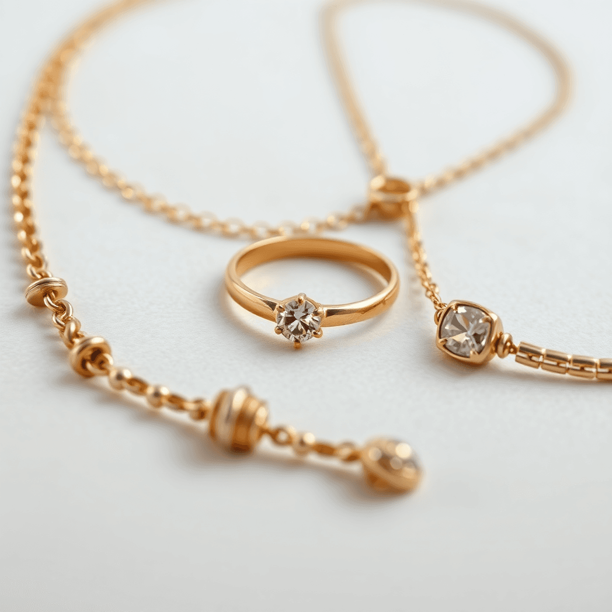 Close-up of elegant gold ring with gemstone, delicate necklace, and polished bracelet on soft background, highlighted by natural light showcasing fine craftsman