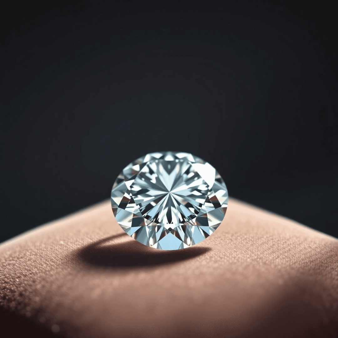 Close-up of a sparkling diamond on a velvet cushion, illuminated by soft light highlighting its brilliance and intricate facets.