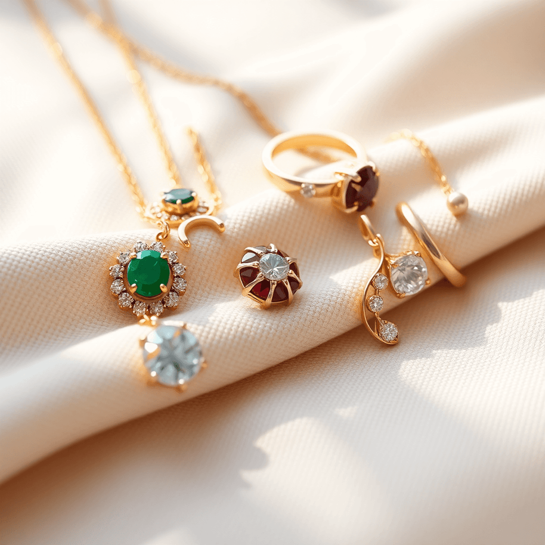 Close-up of elegant gold and gemstone jewelry on soft cloth, highlighted by gentle natural light, showcasing sparkle and care in a 3D render style.