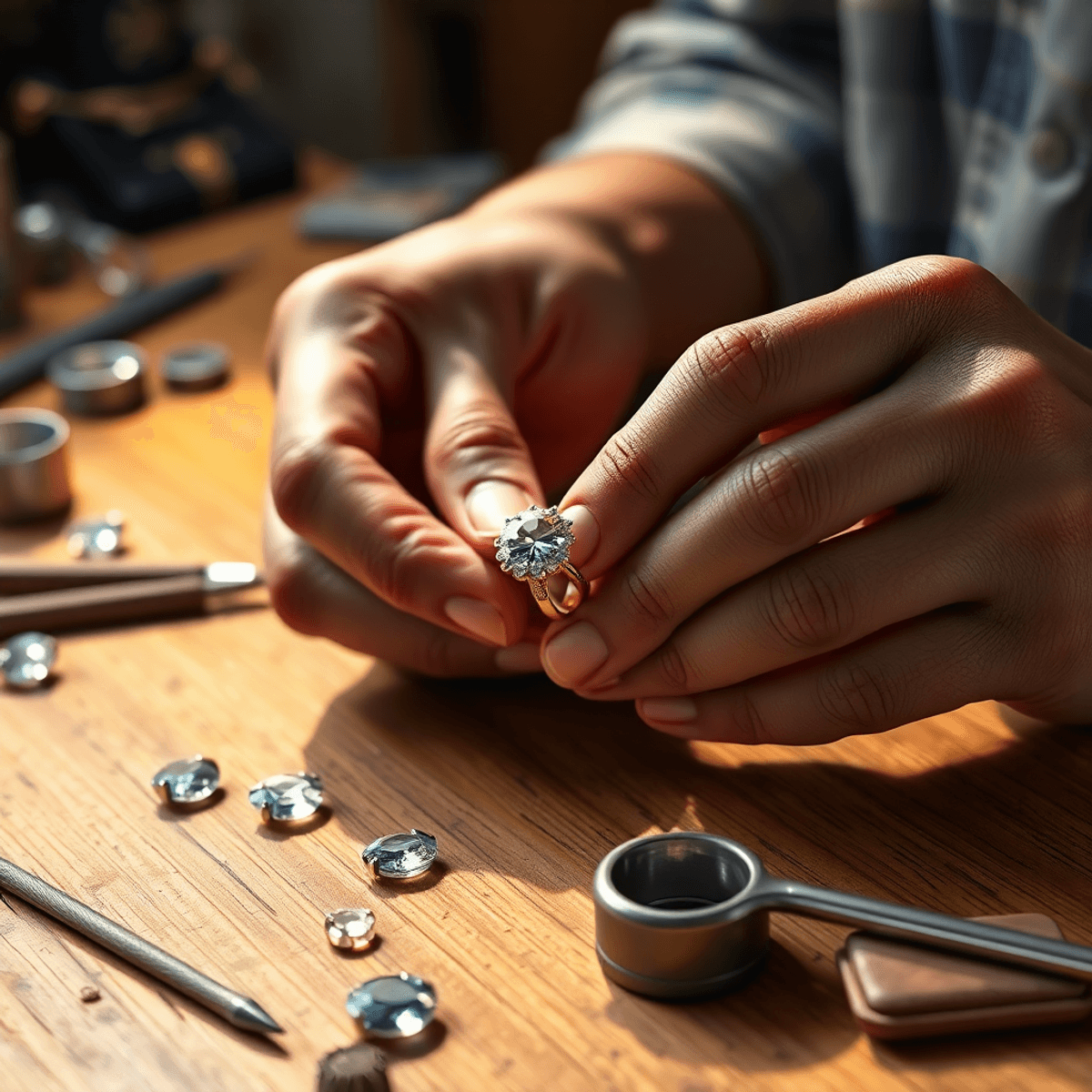 Close-up of hands crafting a custom engagement ring on a wooden workbench with gemstones and tools, bathed in warm natural light.