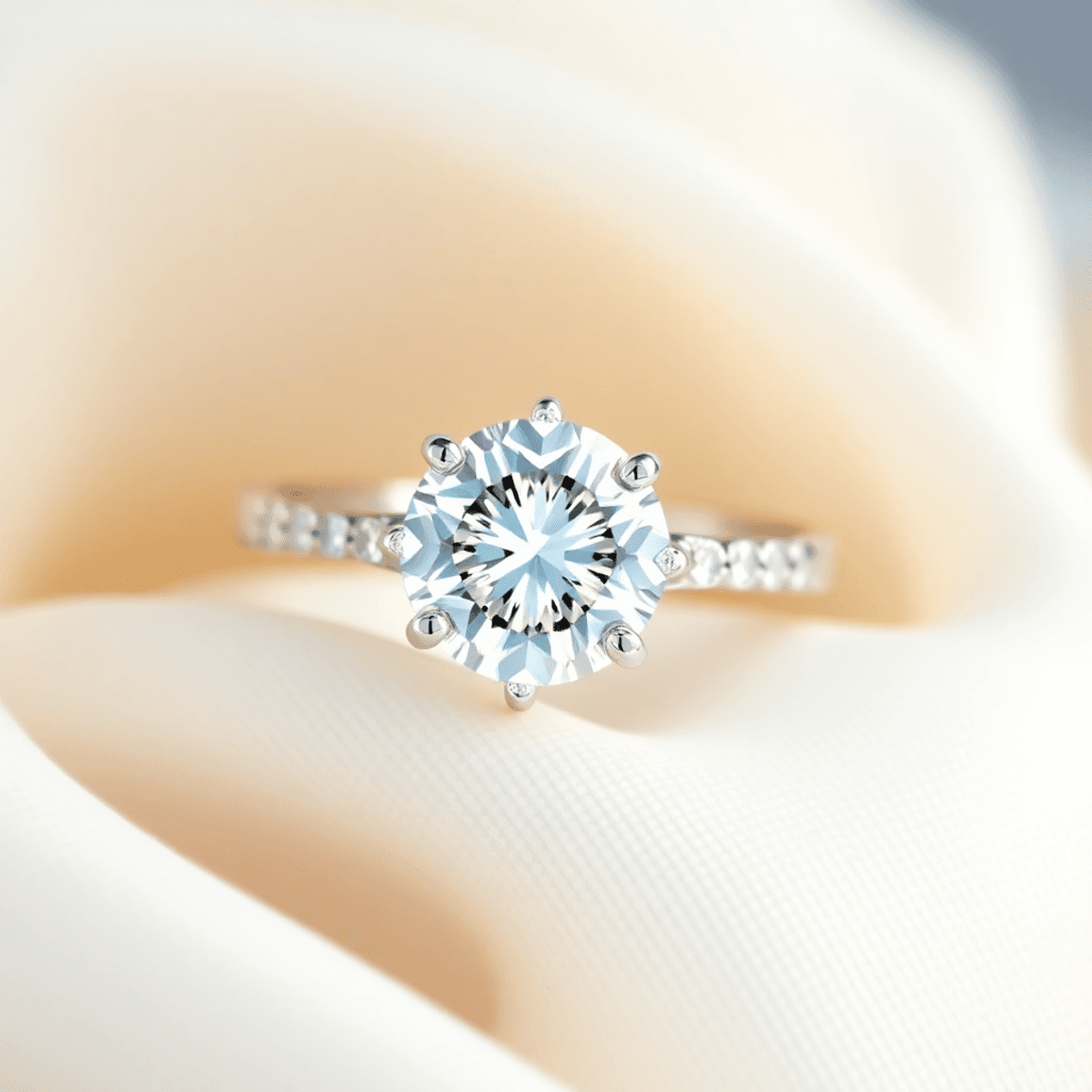A sparkling round brilliant diamond engagement ring on a soft, elegant background symbolizing timeless love and classic beauty.
