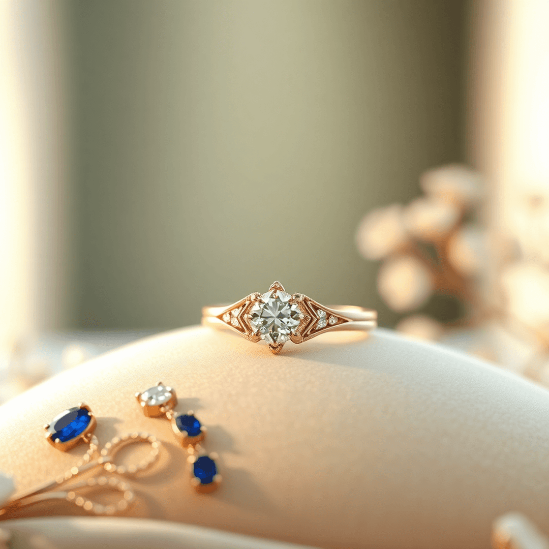 Close-up of a gold and diamond ring on velvet, surrounded by rose gold jewelry and sapphire gems, with soft natural light creating a romantic atmosphere.