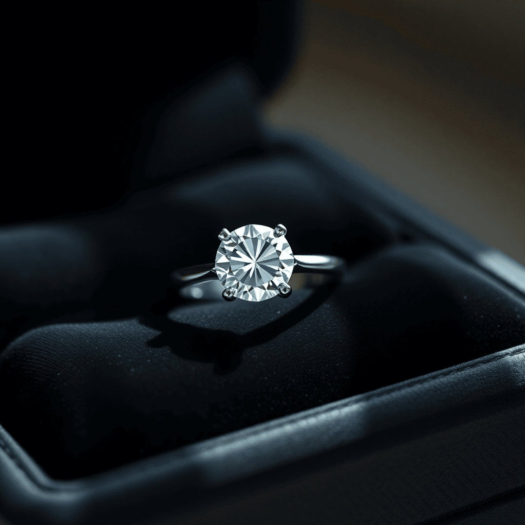 Close-up of a sparkling lab-grown diamond engagement ring on black velvet, lit by soft natural light highlighting its brilliance and clarity.