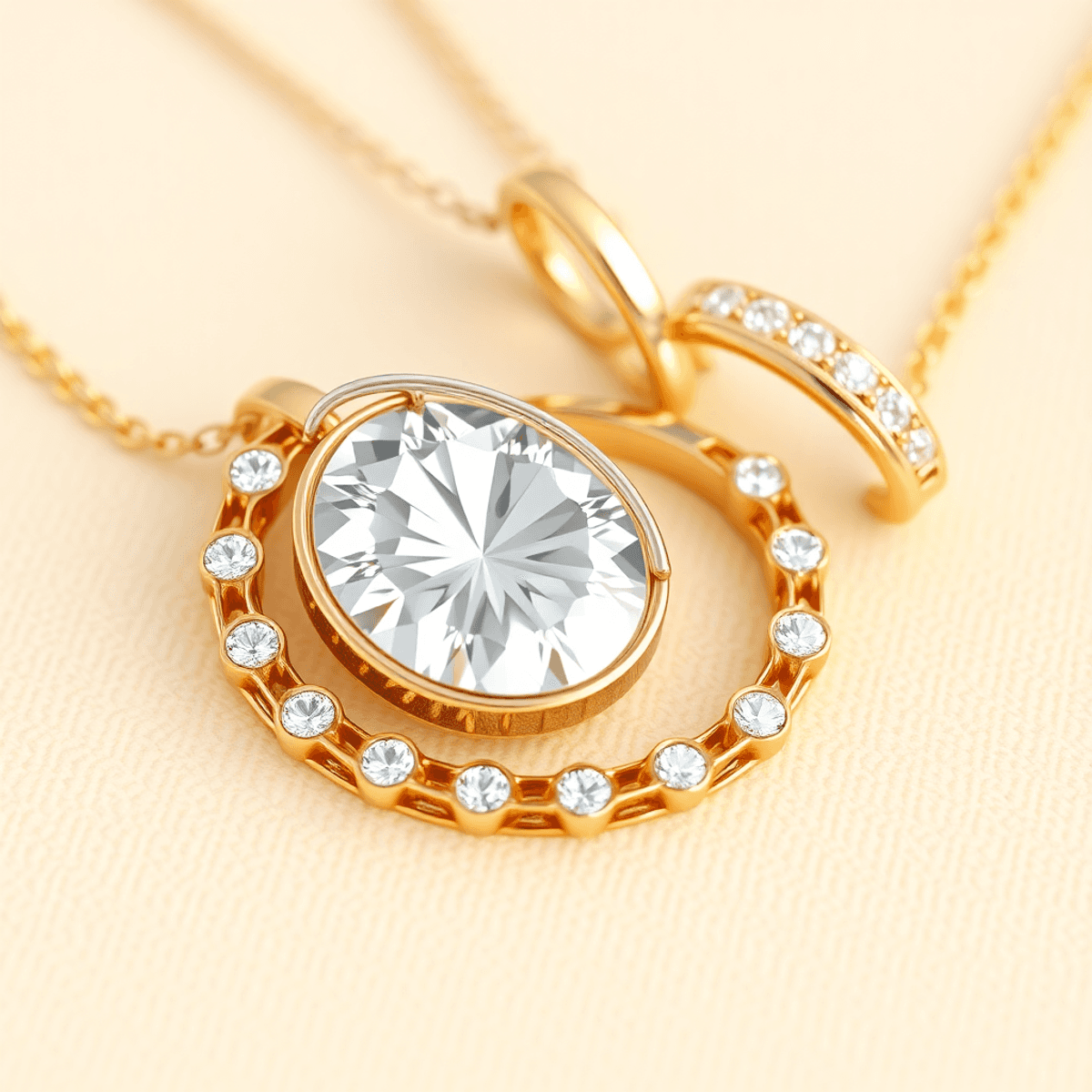 Close-up of elegant gold and platinum jewelry on a soft background, showcasing their lustrous shine and smooth textures in 3D render style.