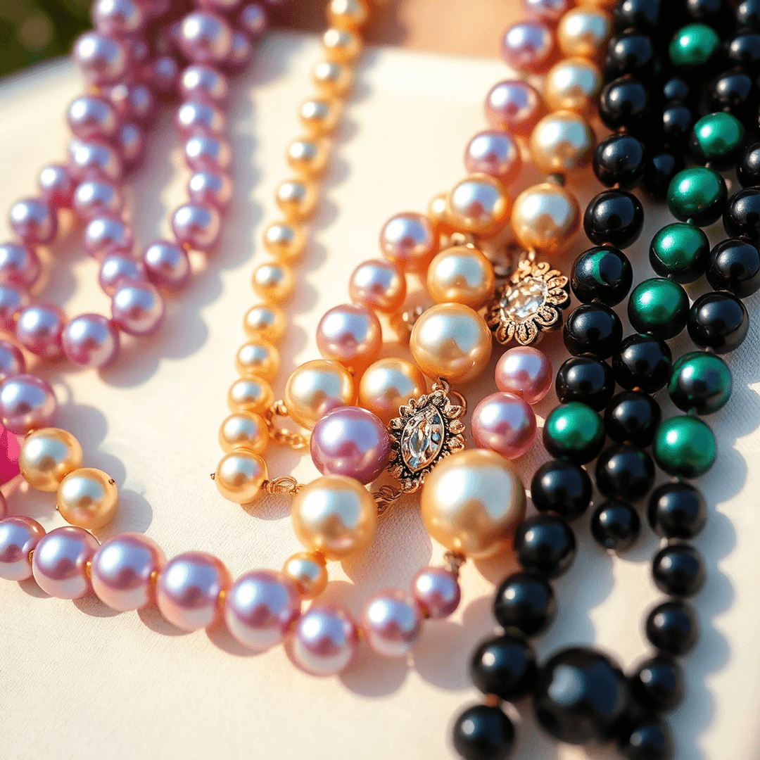 Close-up of vibrant pearl jewelry in lavender, gold, green, and black shades on a soft summer background with warm lighting.
