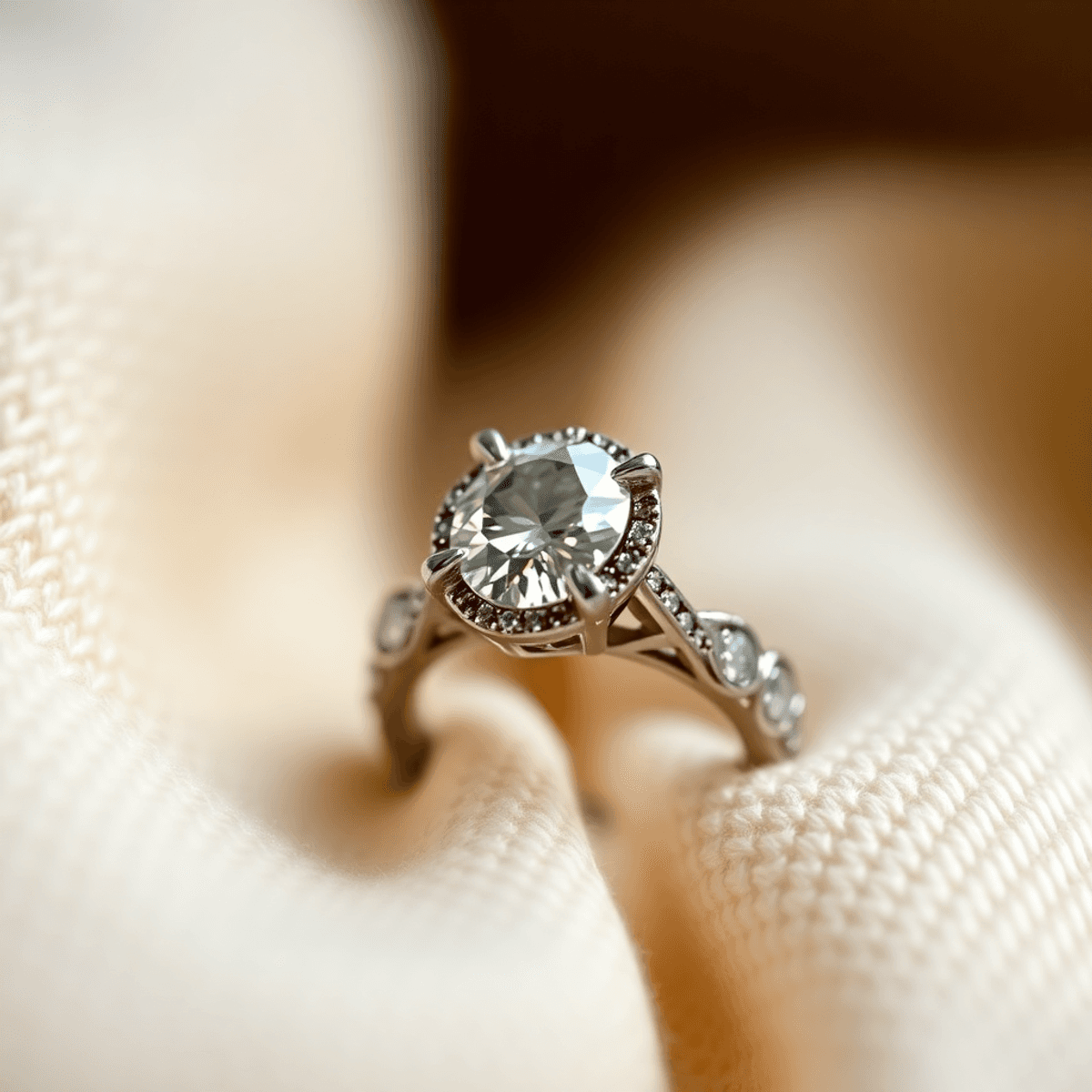 Close-up of a detailed custom engagement ring on soft fabric, highlighting intricate craftsmanship and unique style in fine jewelry.