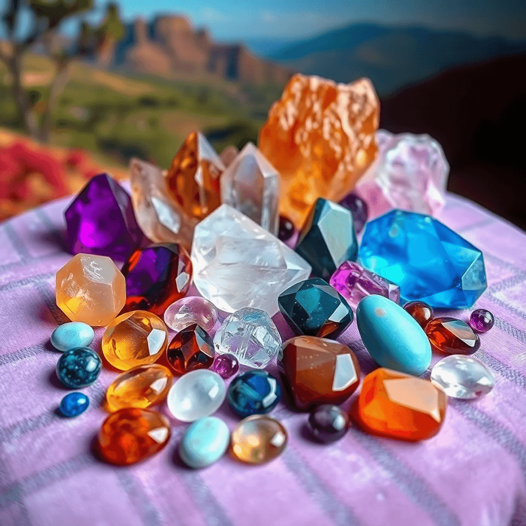 A colorful arrangement of various gemstones and polished stones on a soft velvet background, with a subtle hint of California landscape in the distance.
