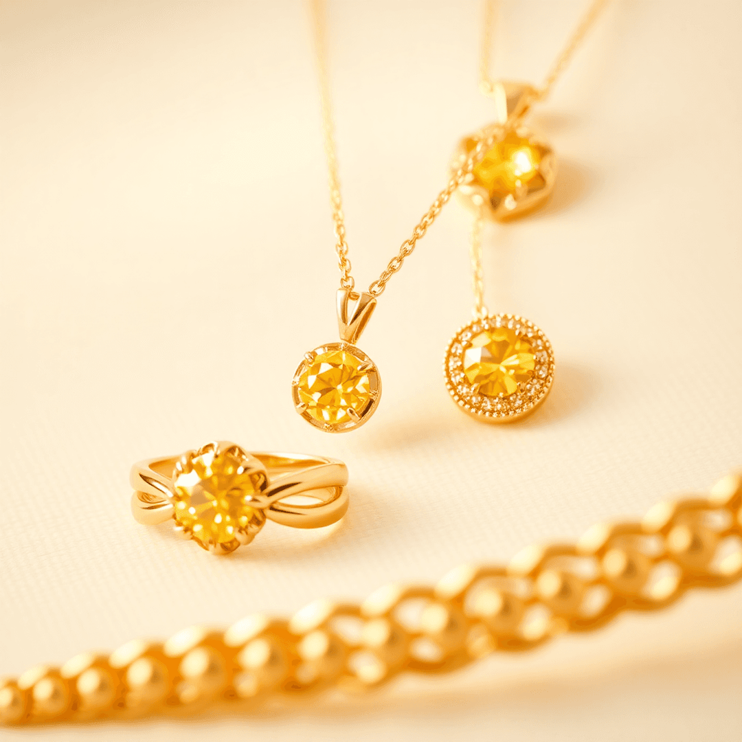 Close-up of elegant yellow gold rings, necklaces, and bracelets glowing warmly against a soft neutral background, showcasing their timeless luxury.