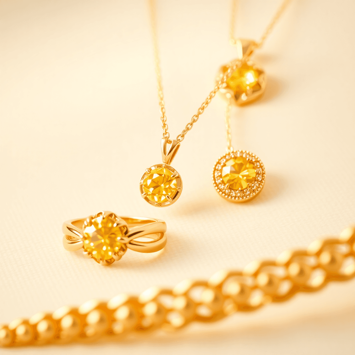 Close-up of elegant yellow gold rings, necklaces, and bracelets glowing warmly against a soft neutral background, showcasing their timeless luxury.