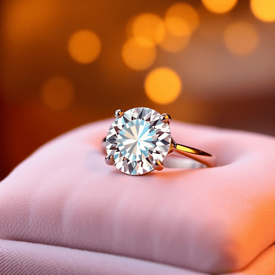 A sparkling diamond engagement ring on a soft velvet cushion, glowing under warm light to highlight its brilliance and intricate facets.