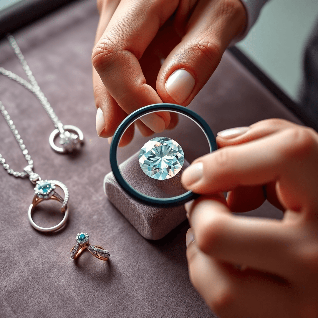 Close-up of jeweler's hands examining a sparkling gemstone with a loupe, surrounded by rings and necklaces on velvet, showcasing precision in jewelry appraisal.