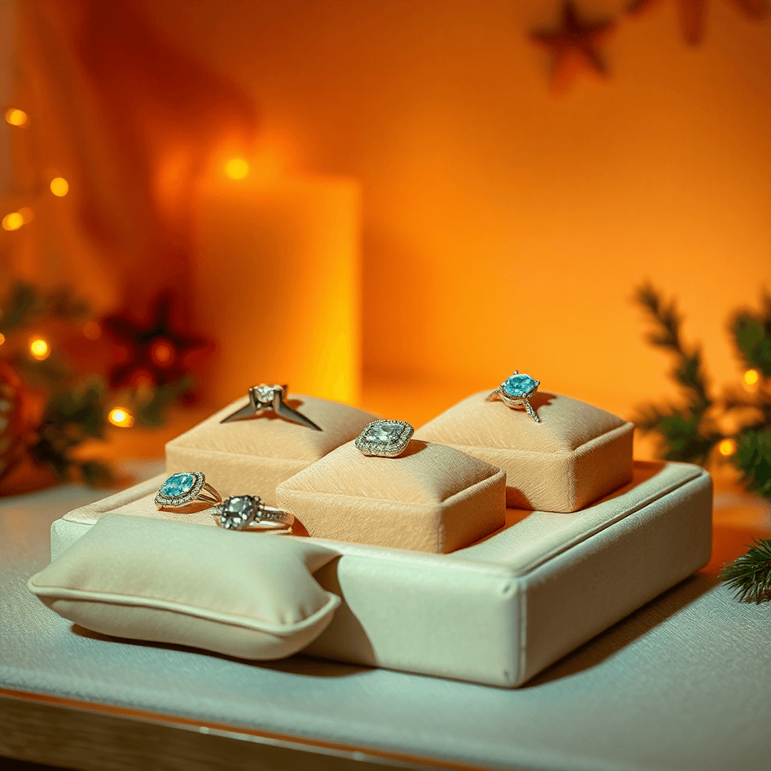 Jewelry display with sparkling rings on velvet cushions, surrounded by fairy lights and evergreen branches in a warm, festive setting.